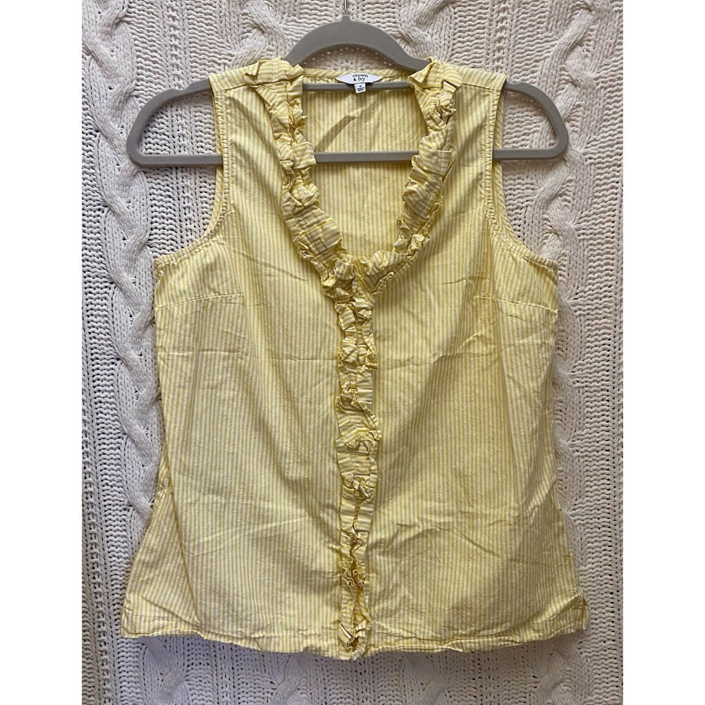 CROWN & IVY Butter Yellow/White Striped Sleeveless Top‎ Ruffle 100% Cotton S